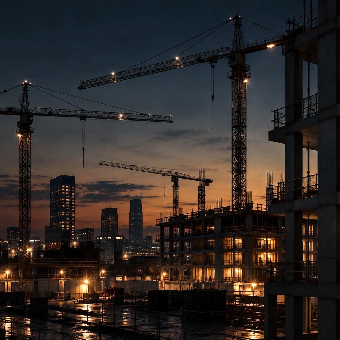 Rohbau mit Kran in der Abenddämmerung