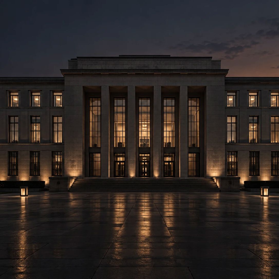 Beleuchtete Säulenfassade eines Amtsgebäudes bei Nacht