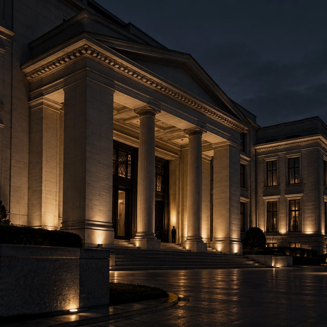 Repräsentatives klassizistisches Gebäude mit Säulenportikus bei Nacht