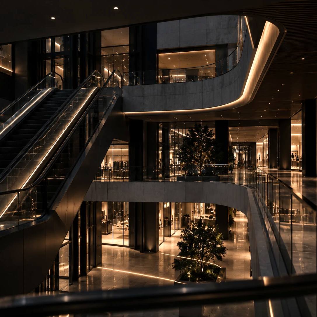 Atrium eines Einkaufszentrums mit Rolltreppen über mehrere Ebenen