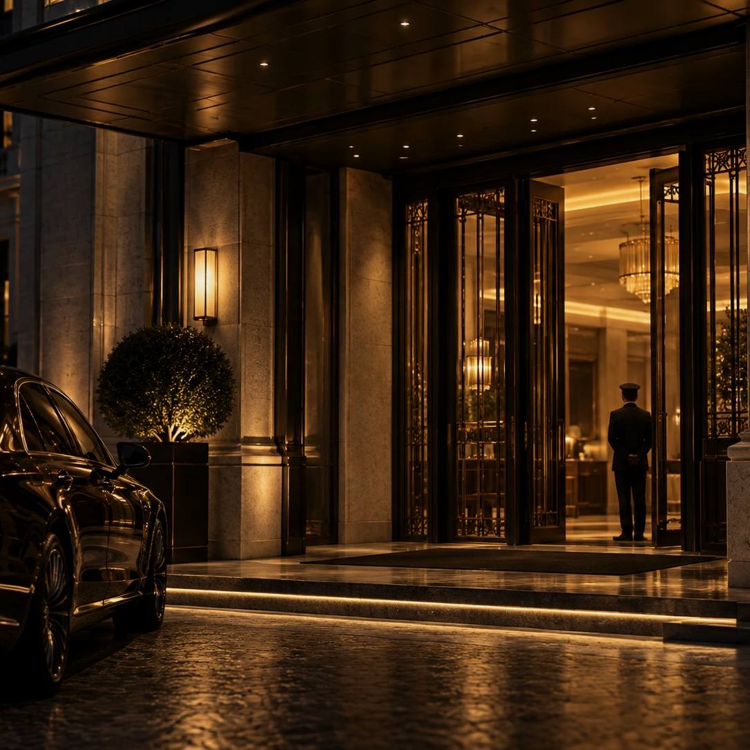 Beleuchteter Eingangsbereich eines Luxushotels bei Nacht
