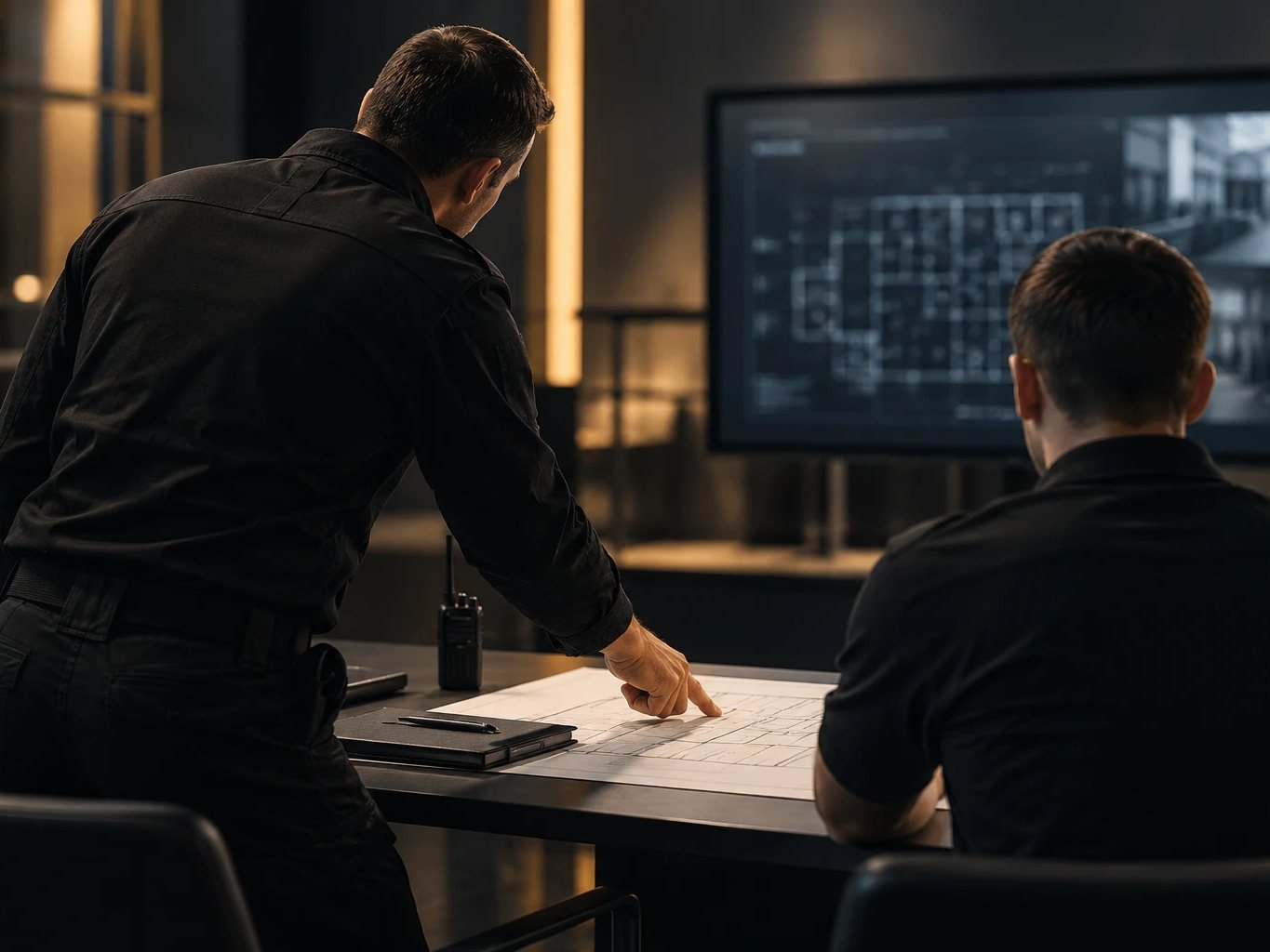 Einweisung am Lageplan, im Hintergrund Grundriss und Kamerabild auf dem Monitor
