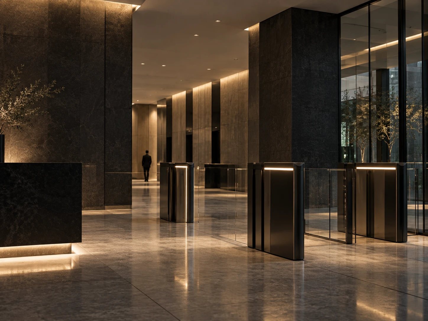 Zutrittsschleusen in der Lobby eines Bürogebäudes bei Nacht