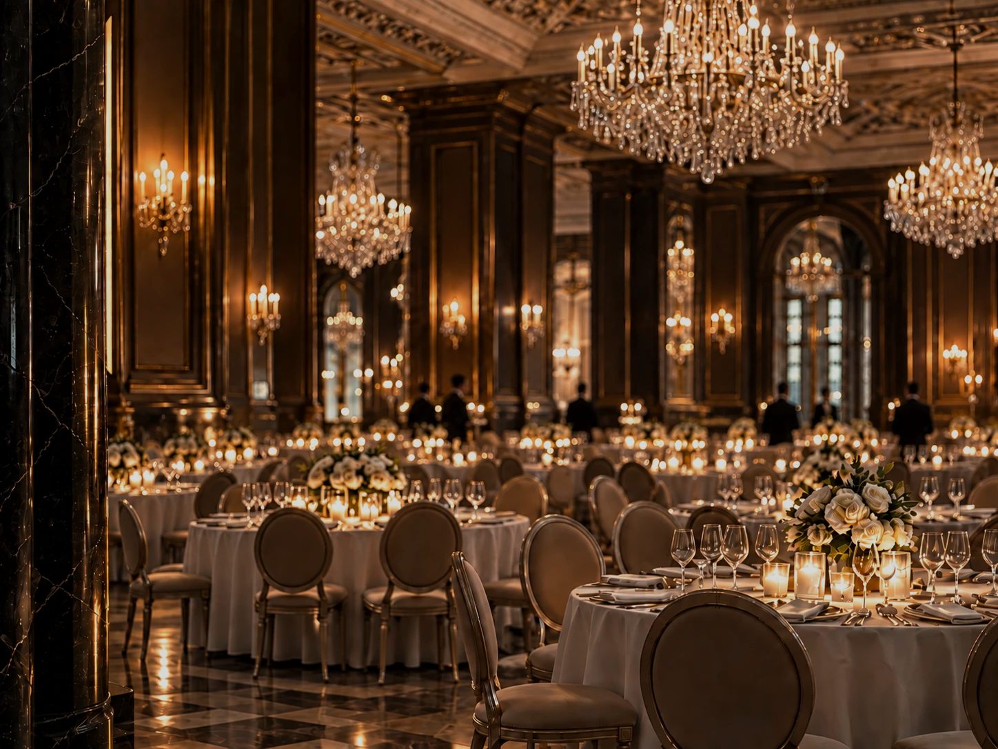 Festsaal mit Kronleuchtern, im Hintergrund Gäste in Abendgarderobe